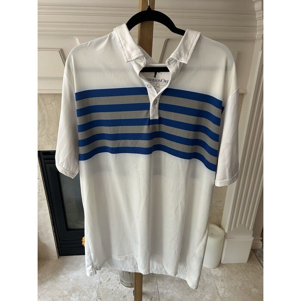 Anderson Ord Polo Shirt Men’s 2XL Golf Performance Stretch White Navy Striped